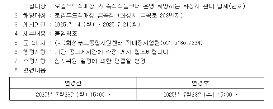 화성로컬푸드직매장(금곡점) 內 즉석식품코너 운영자 모집 재공고(수정) 이미지 0번