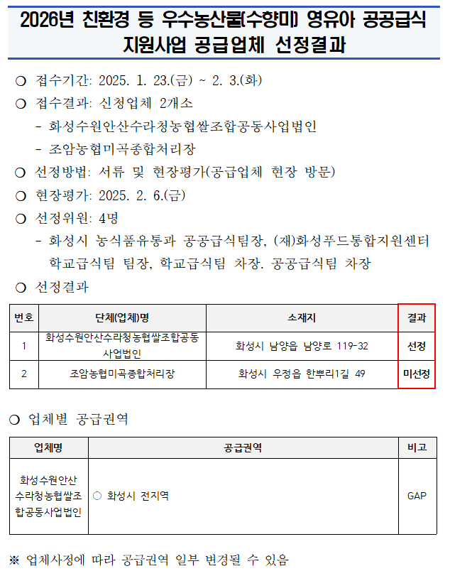 『2026년도 친환경 등 우수농산물(수향미) 영유아 공공급식 지원사업』 공급업체 선정결과 이미지 0번