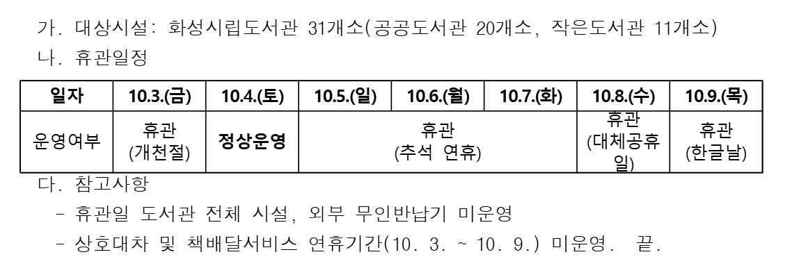 화성시립도서관 추석 연휴 휴관 안내 이미지 0번