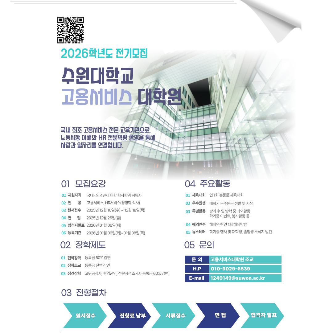 2026학년도 수원대학교 고용서비스대학원 신입생 추가모집 홍보 이미지 0번