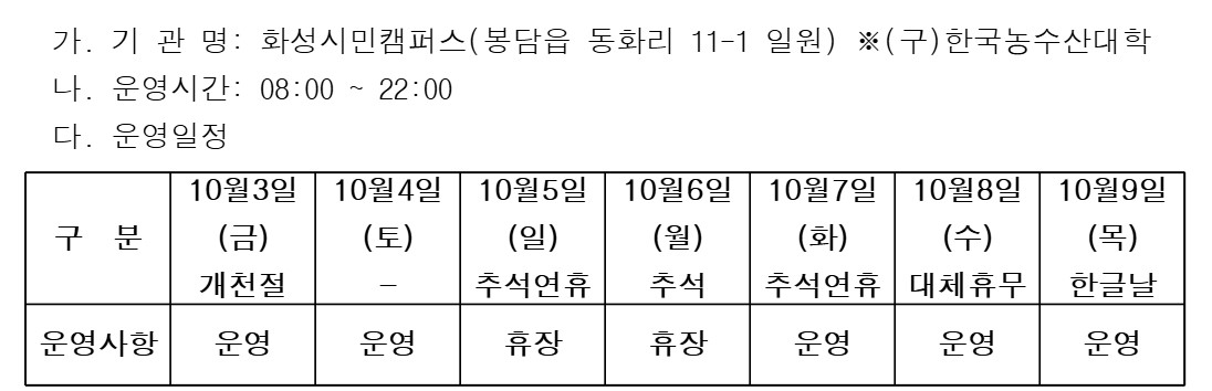 추석 연휴기간 화성시민캠퍼스 운영 안내 이미지 0번